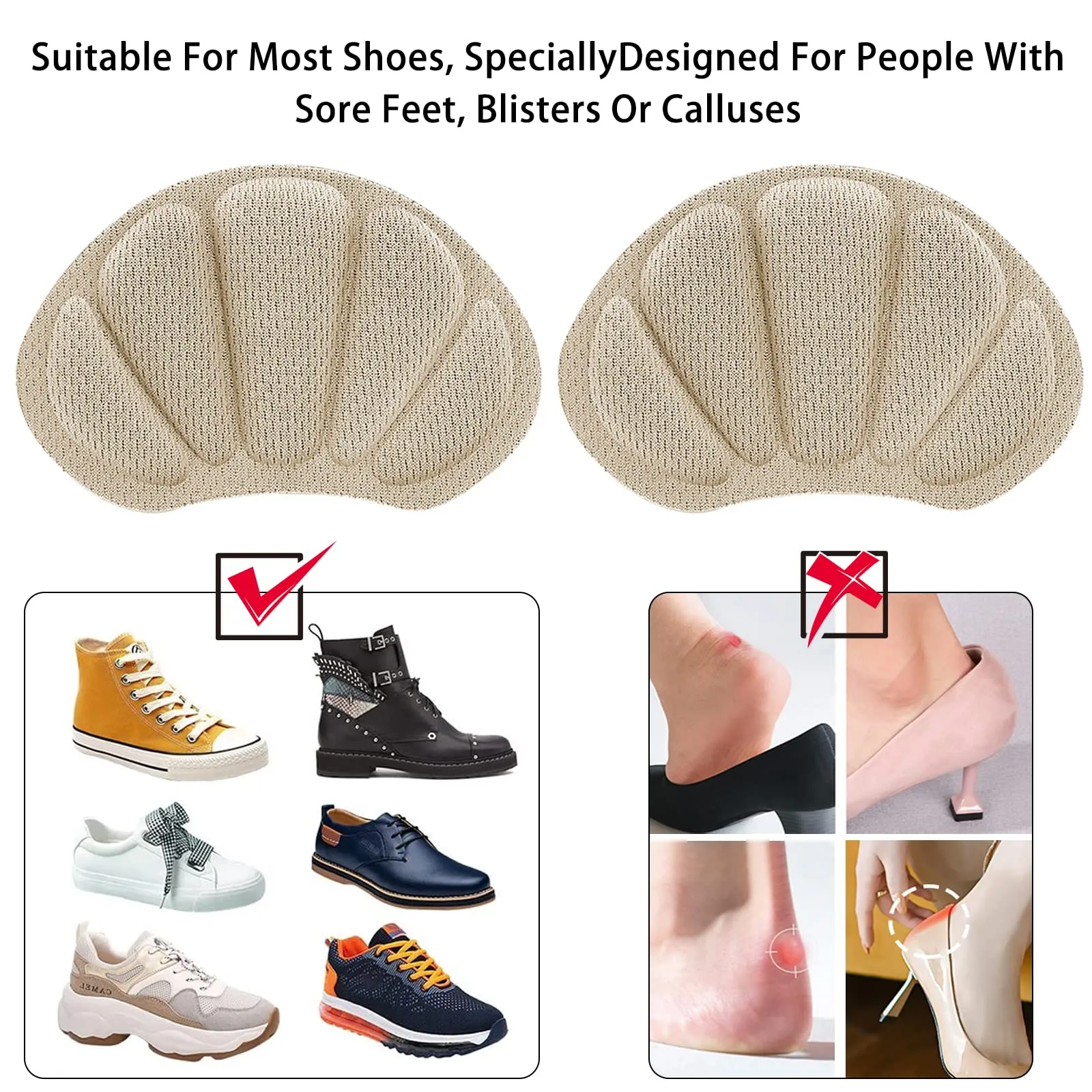 2 Pairs Heel Grips Shoe, Heel Cushion Pads Set for Shoes Too Big Heel Grips Shoe Pads Inserts Liner Self (Beige) Beige