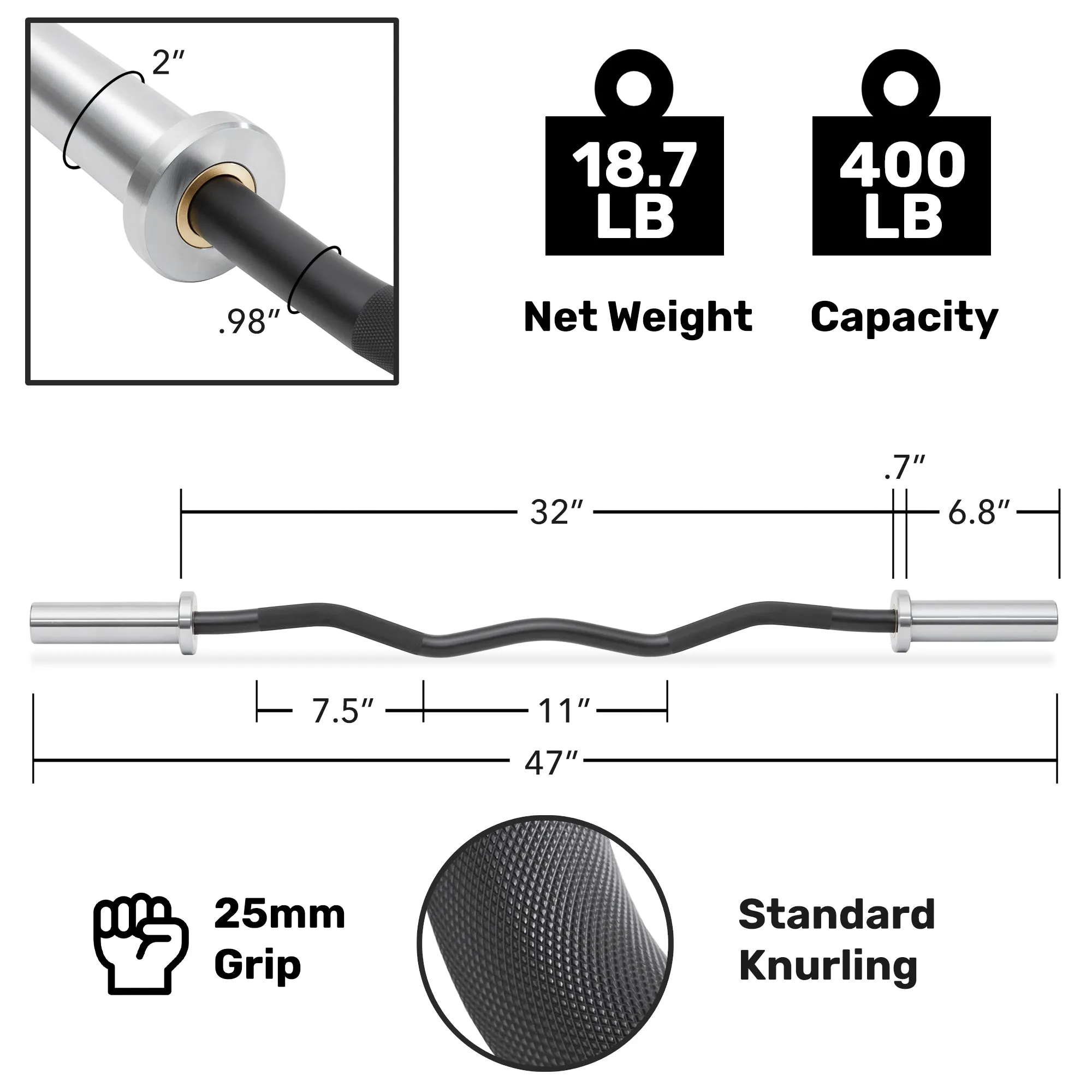 47" EZ Curl Olympic Barbell - 400LB 4 Needle Bearing 2" Barbell