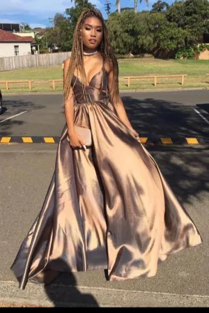 A Line Straps Floor Length Deep V Neck Sleeveless Long Prom Dress UQ2517