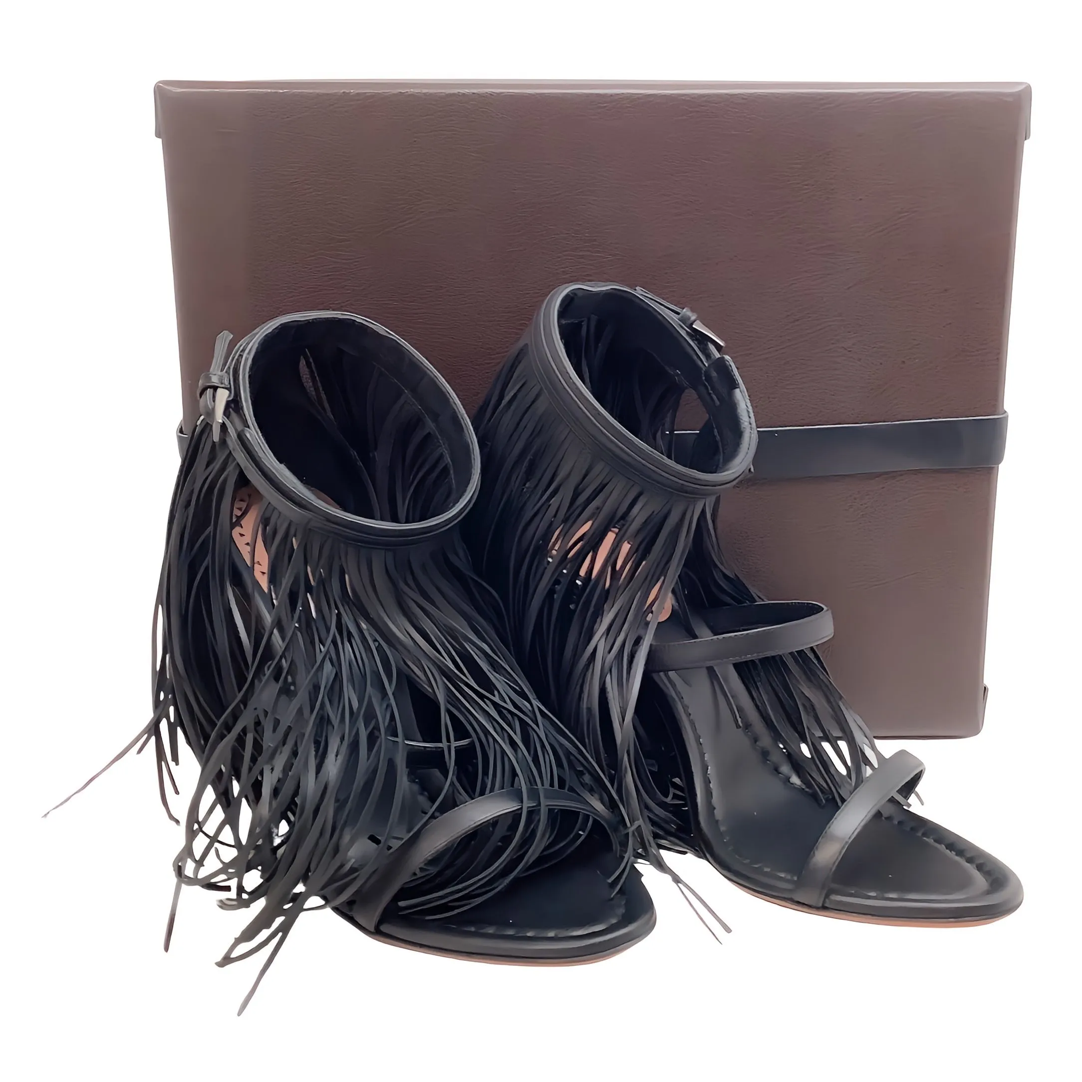 Alaia Black Leather Maxi Fringe Sandals with Ankle Strap