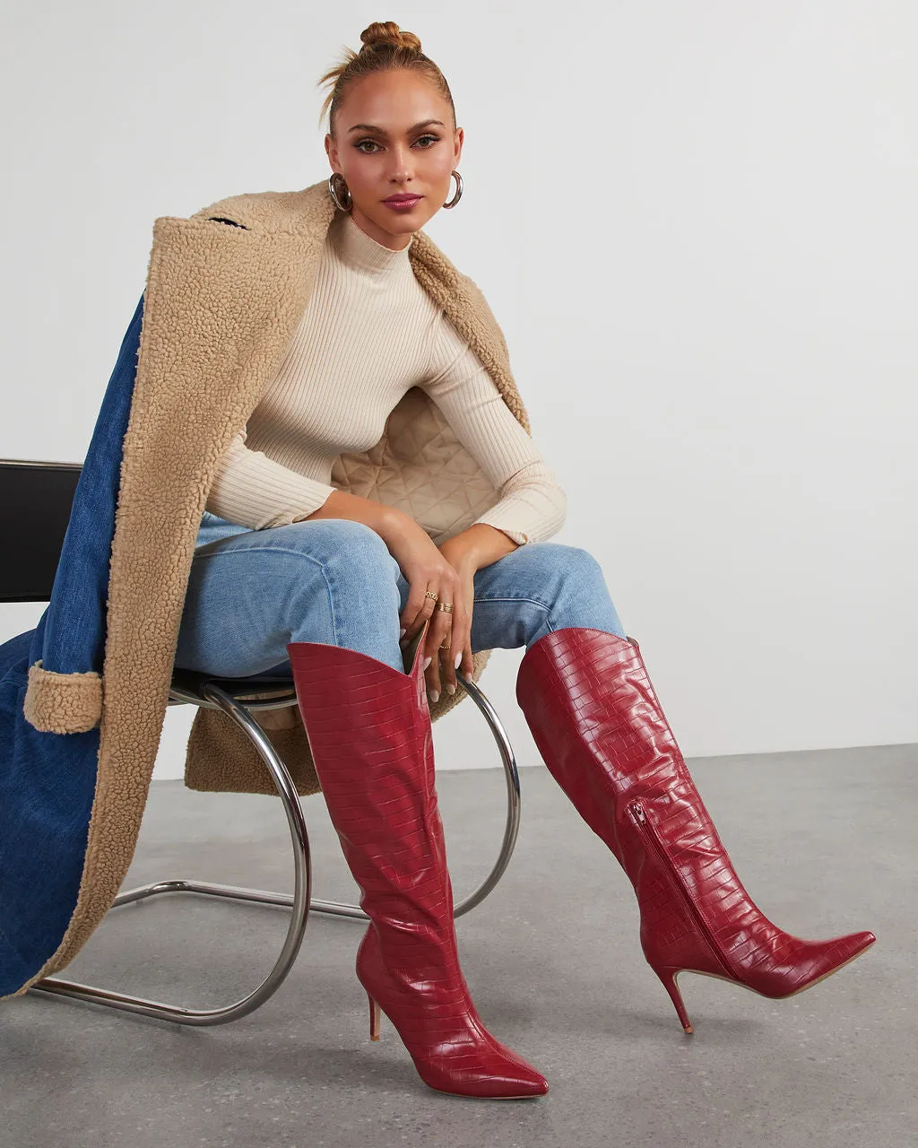 Balen Croc Print Stiletto Knee High Boots