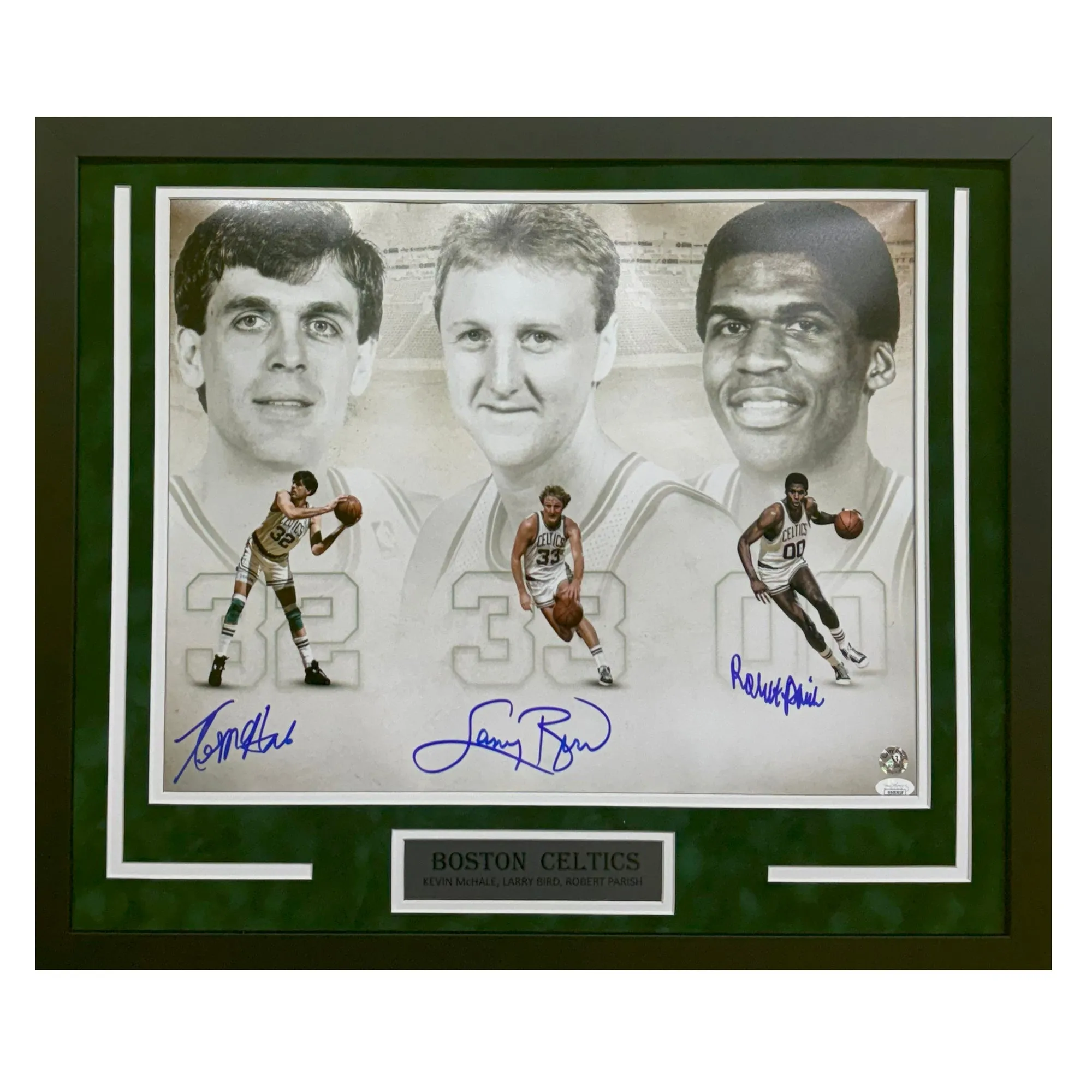 Big Three Larry Bird, Kevin McHale, Robert Parish Hand Signed & Framed Boston Celtics 16x20 Photo (JSA)