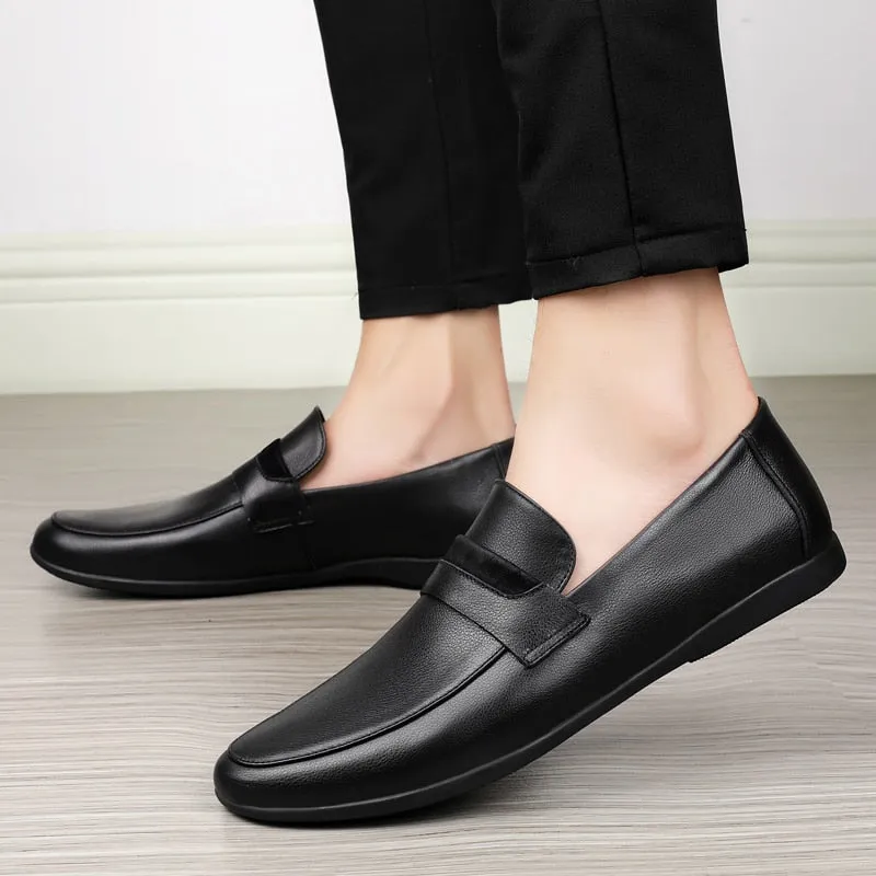 Black Genuine Leather Casual ShoesFor men Autumn Slip-on Loafers Soft Italian Style Flats Super Light Moccasins Plus Size 37-46