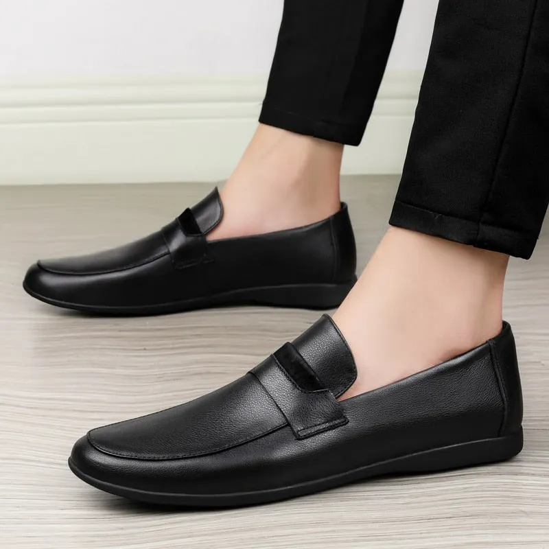 Black Genuine Leather Casual ShoesFor men Autumn Slip-on Loafers Soft Italian Style Flats Super Light Moccasins Plus Size 37-46