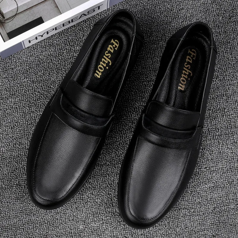 Black Genuine Leather Casual ShoesFor men Autumn Slip-on Loafers Soft Italian Style Flats Super Light Moccasins Plus Size 37-46