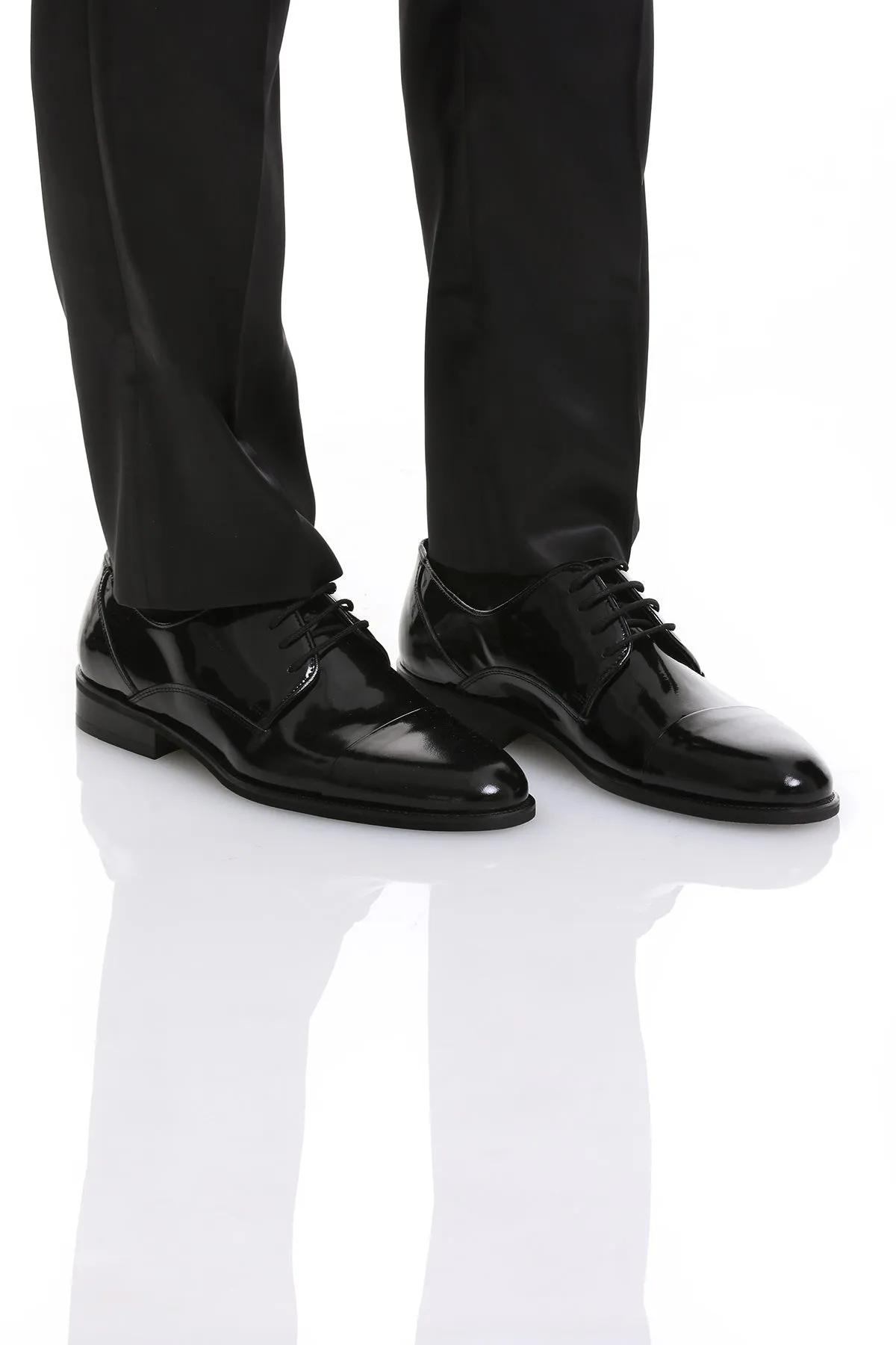 Black Patent Leather Lace-Up Cap Toe Tuxedo Shoes