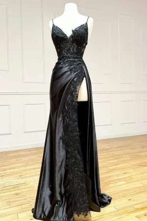 Black Spaghetti Straps Split Lace Applique Prom Dress, Long Formal Gown UQP0295