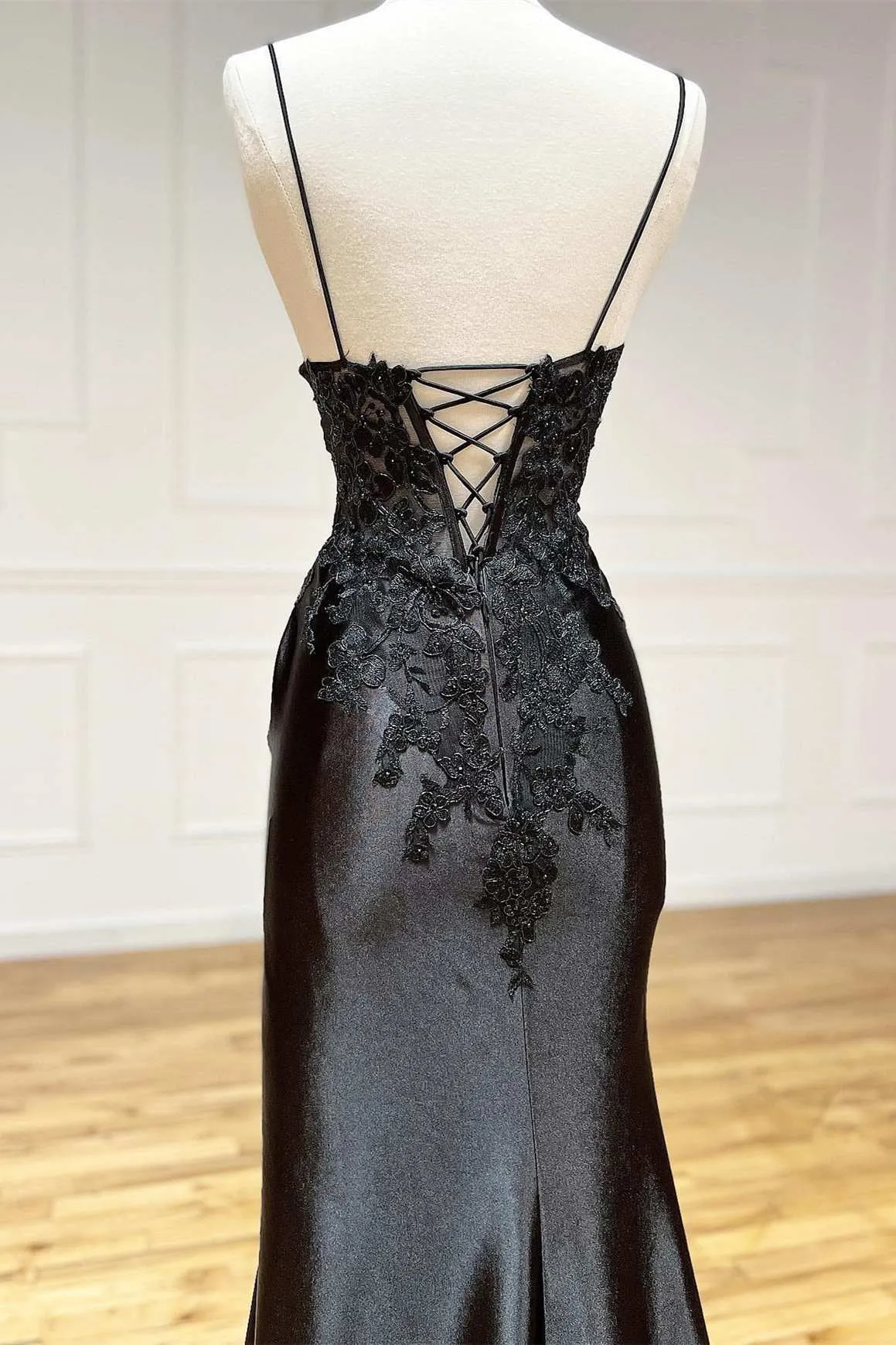 Black Spaghetti Straps Split Lace Applique Prom Dress, Long Formal Gown UQP0295