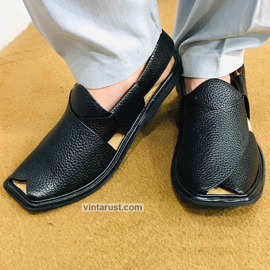 Black Textured Handcrafted Peshawari Men's Chappal