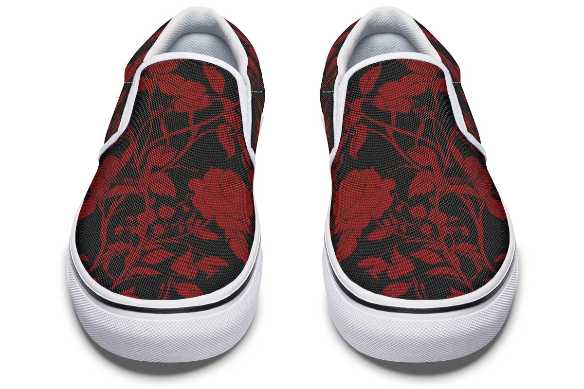 Blood Rose Romance Slipons - Comfortable Vegan Canvas Shoes with Easy Elastic In-Step