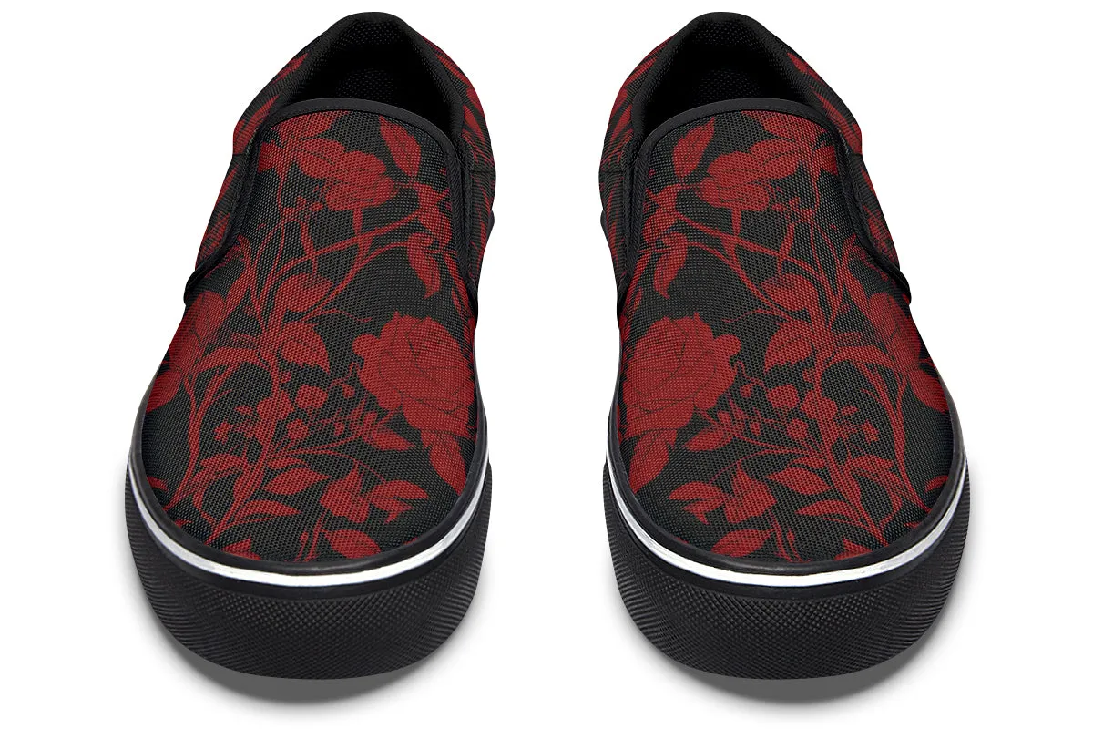 Blood Rose Romance Slipons - Comfortable Vegan Canvas Shoes with Easy Elastic In-Step