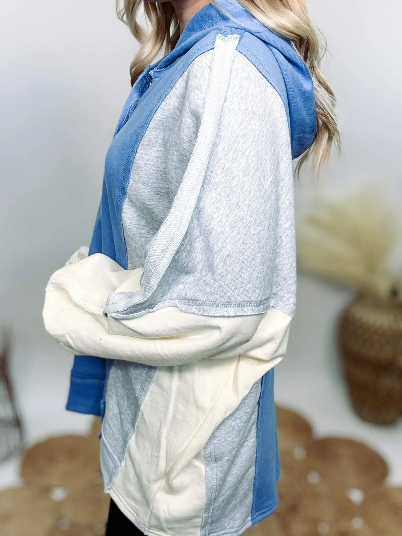 Blue, Grey and Cream Colorblock Half Button Down Oversized Hoodie