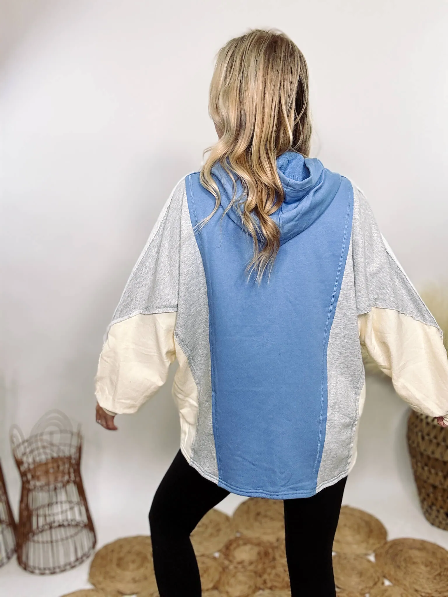 Blue, Grey and Cream Colorblock Half Button Down Oversized Hoodie