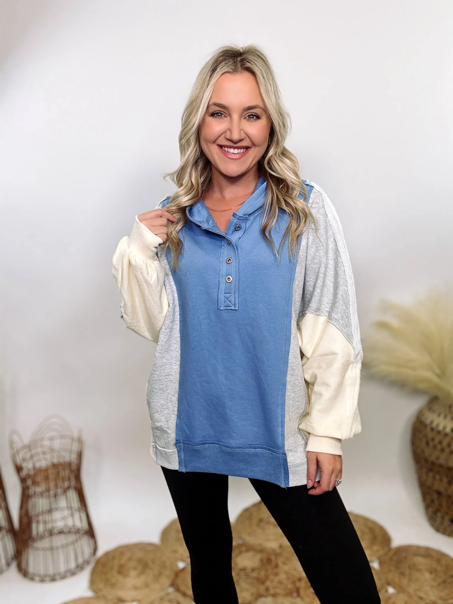 Blue, Grey and Cream Colorblock Half Button Down Oversized Hoodie