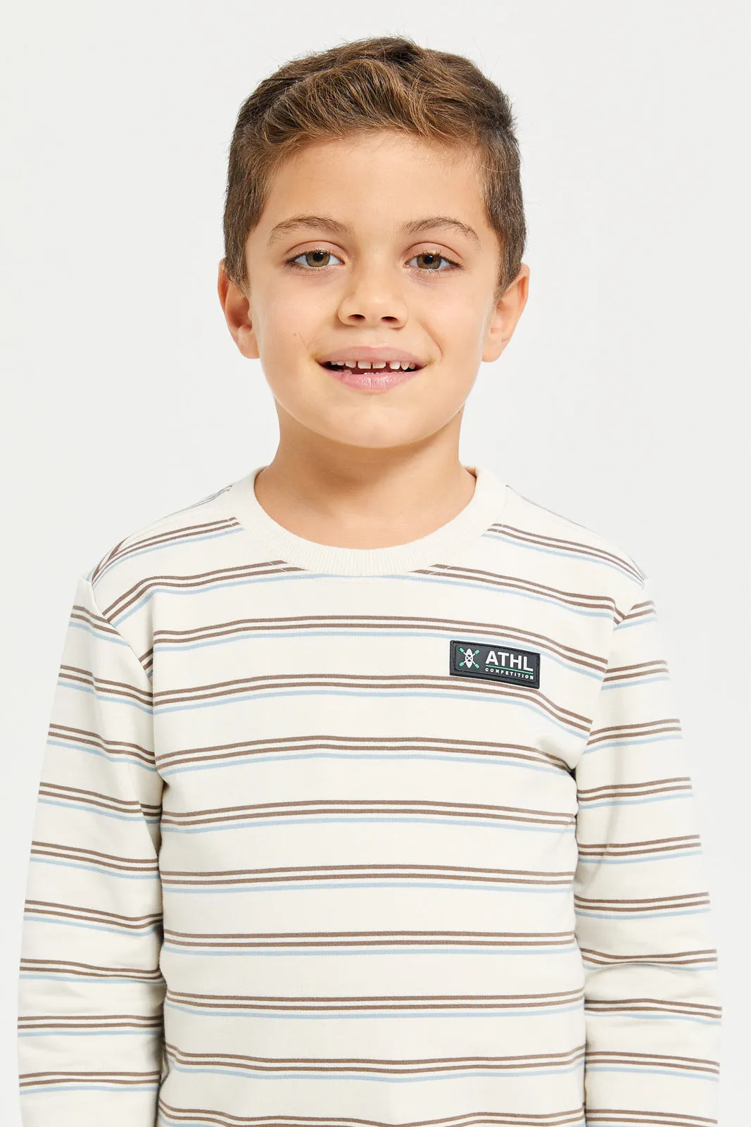 Boys Cream Striper Round Neck Sweatshirt