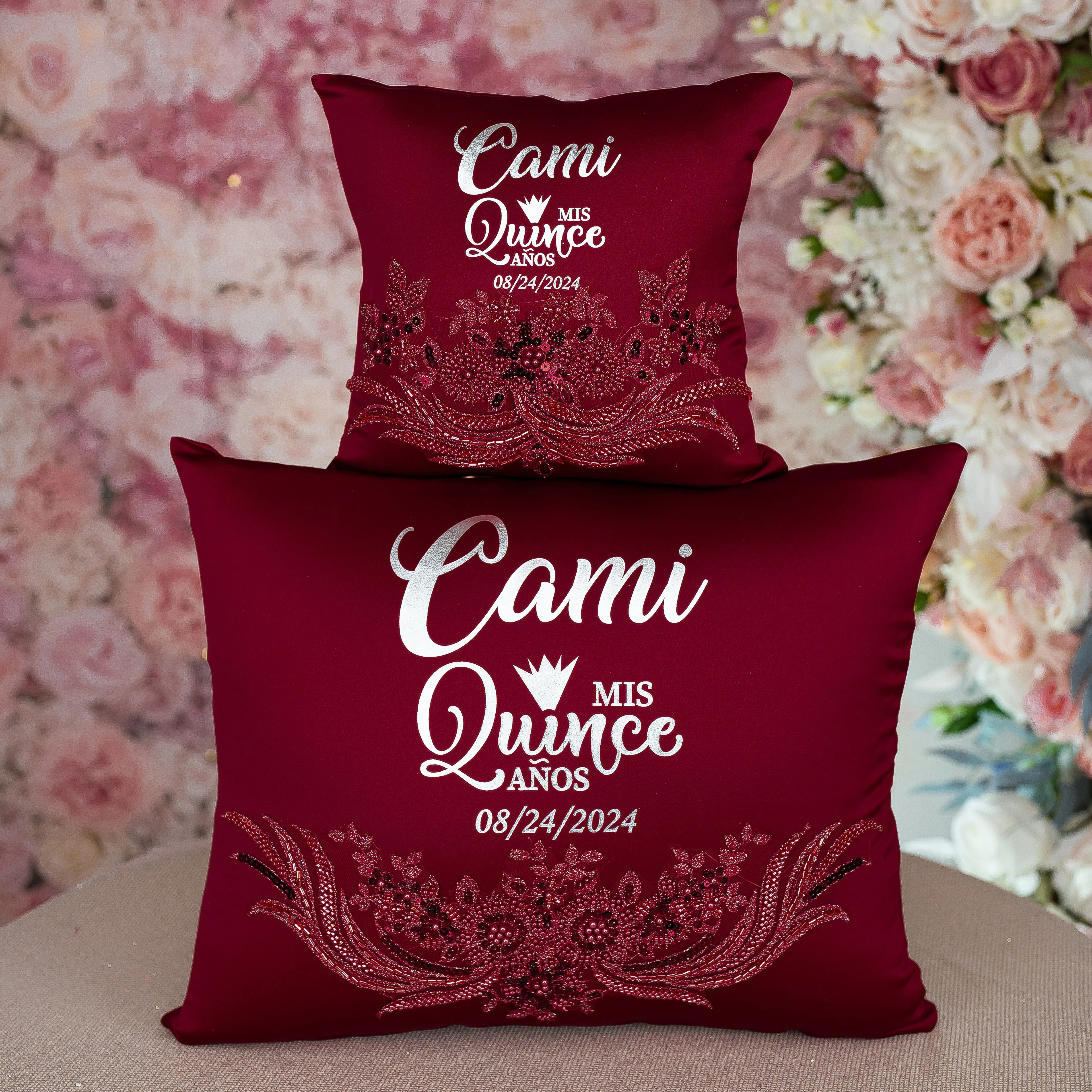 Burgundy Silver quinceanera pillows set