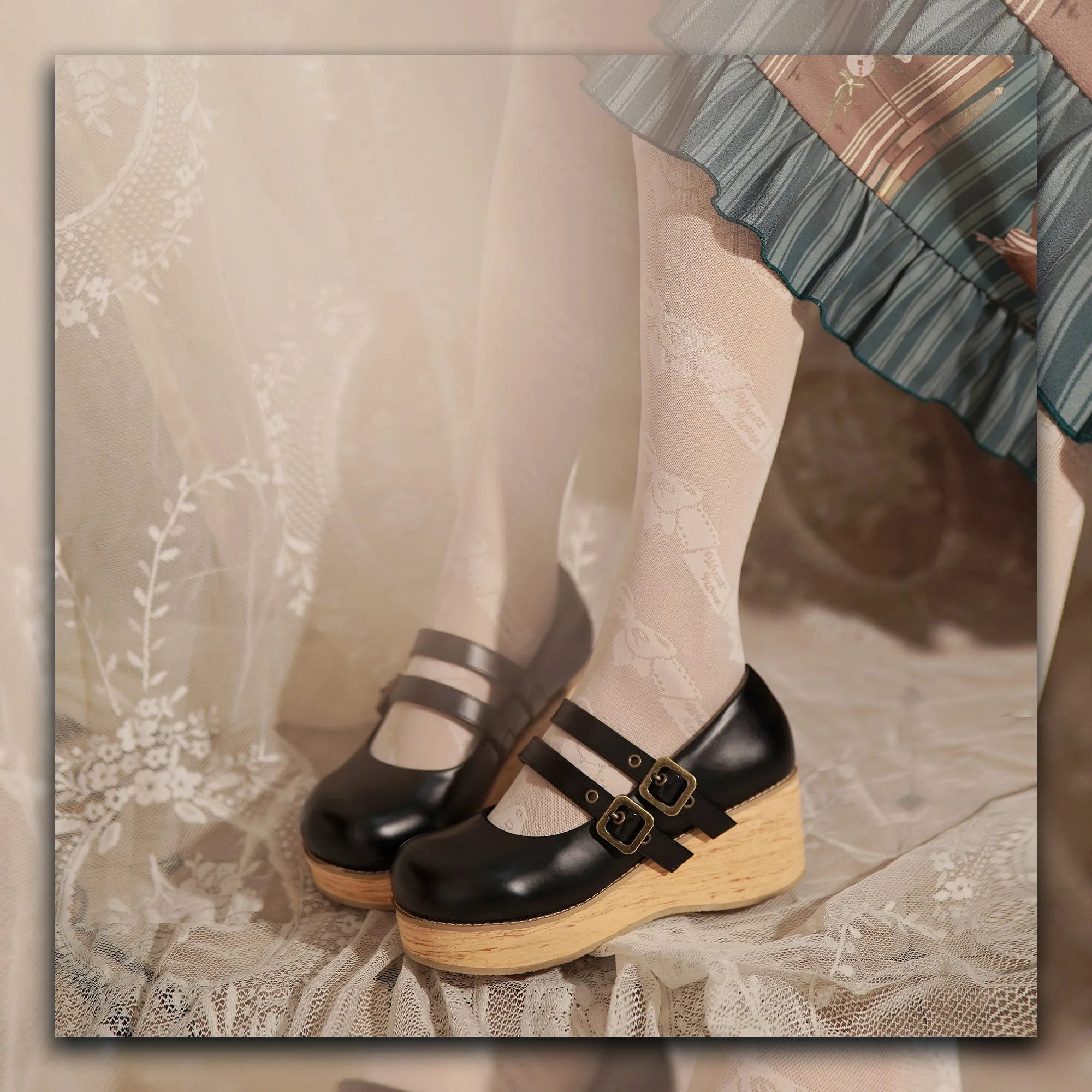 (Buy for me) MODO~Retro Lolita Round Toe Wood Bottom Shoes