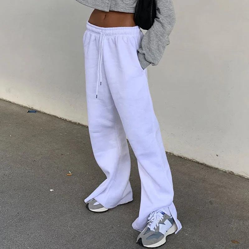 Casual High Waist Drawstring Side Slip Wide Leg Pants - White