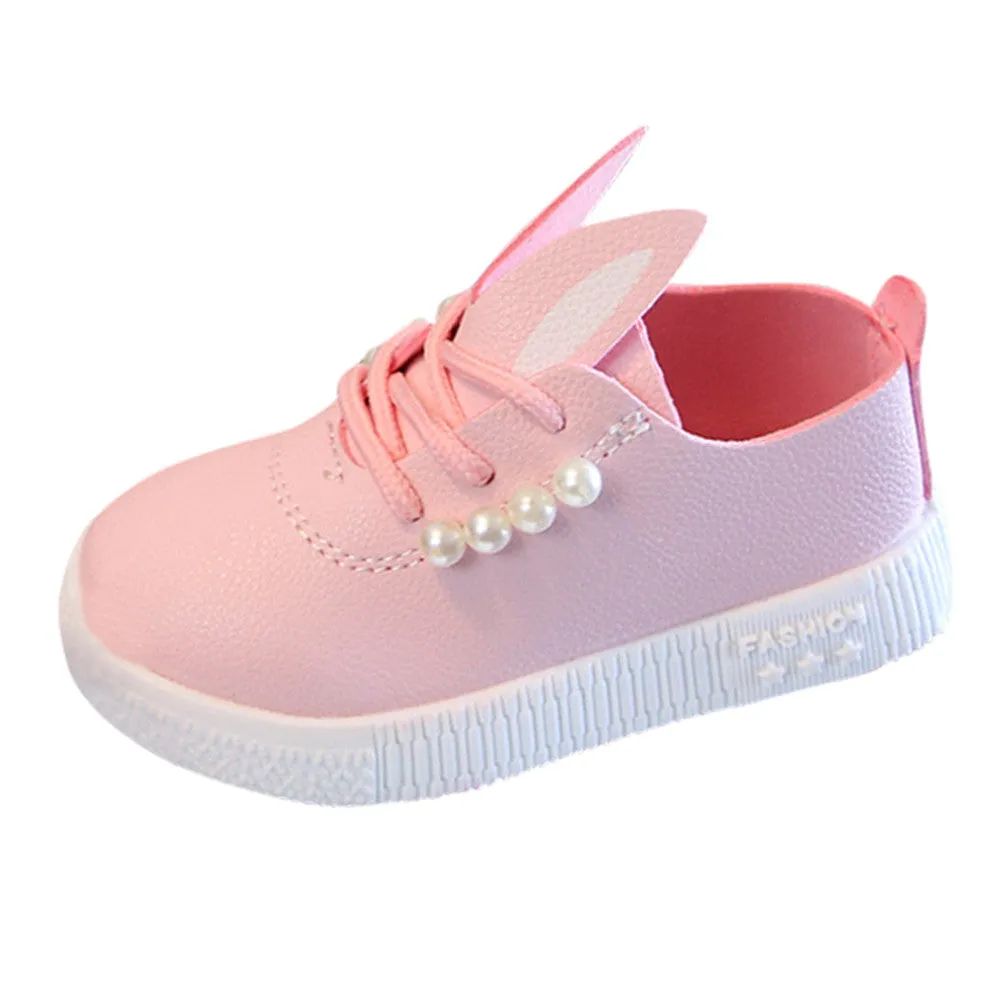 Casual Waterproof Girls' Rabbit Ear Shape Leather Shoes With Imitation Pearl