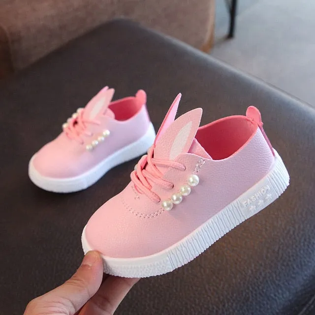 Casual Waterproof Girls' Rabbit Ear Shape Leather Shoes With Imitation Pearl