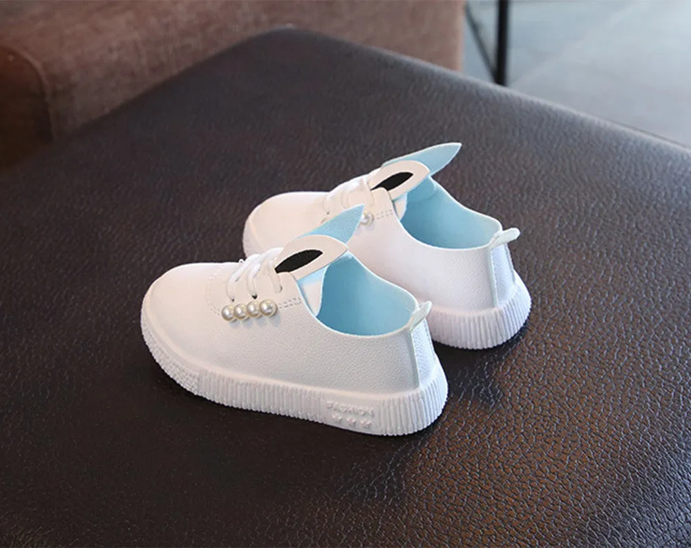 Casual Waterproof Girls' Rabbit Ear Shape Leather Shoes With Imitation Pearl