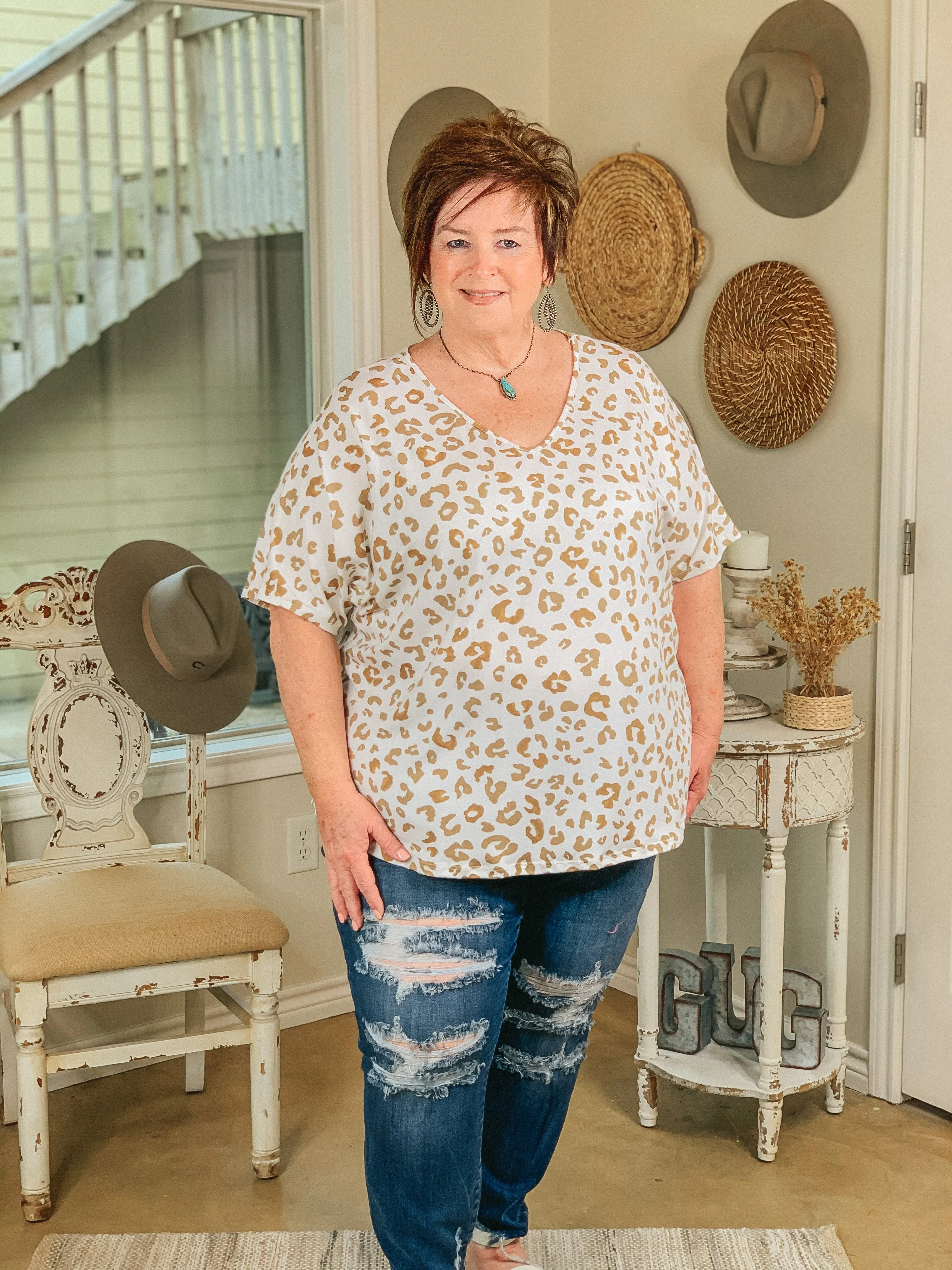 Catching Flights Leopard V Neck Shift Top in Ivory and Sand