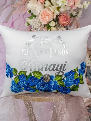 Charro royal blue and white quinceanera kneeling pillow, shoes pillow