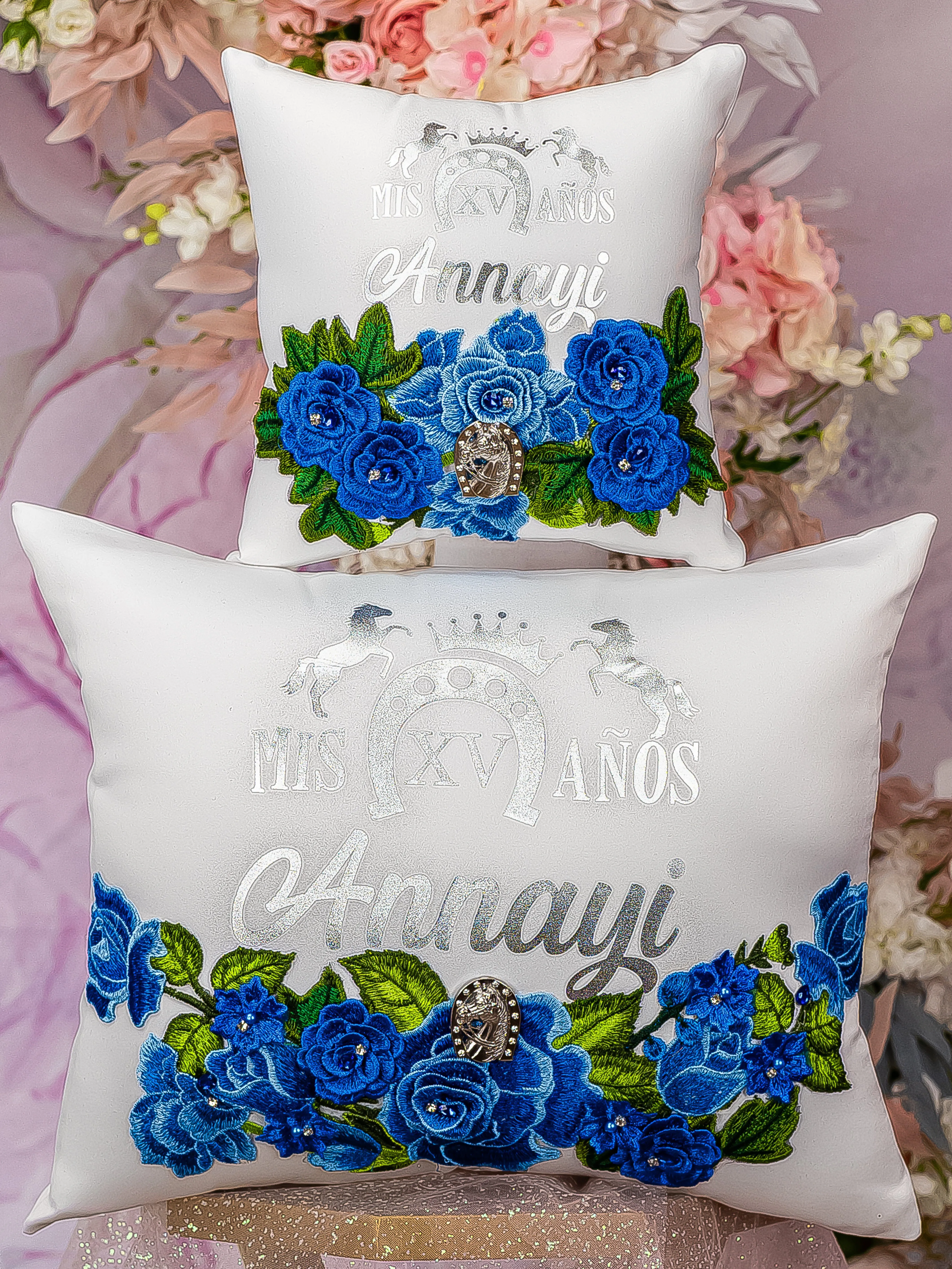 Charro royal blue and white quinceanera kneeling pillow, shoes pillow