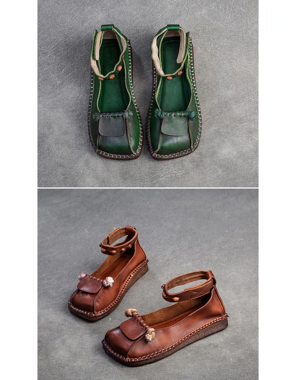 Chinese Style Square Toe Soft Leather Soles Ankle Strap Flats