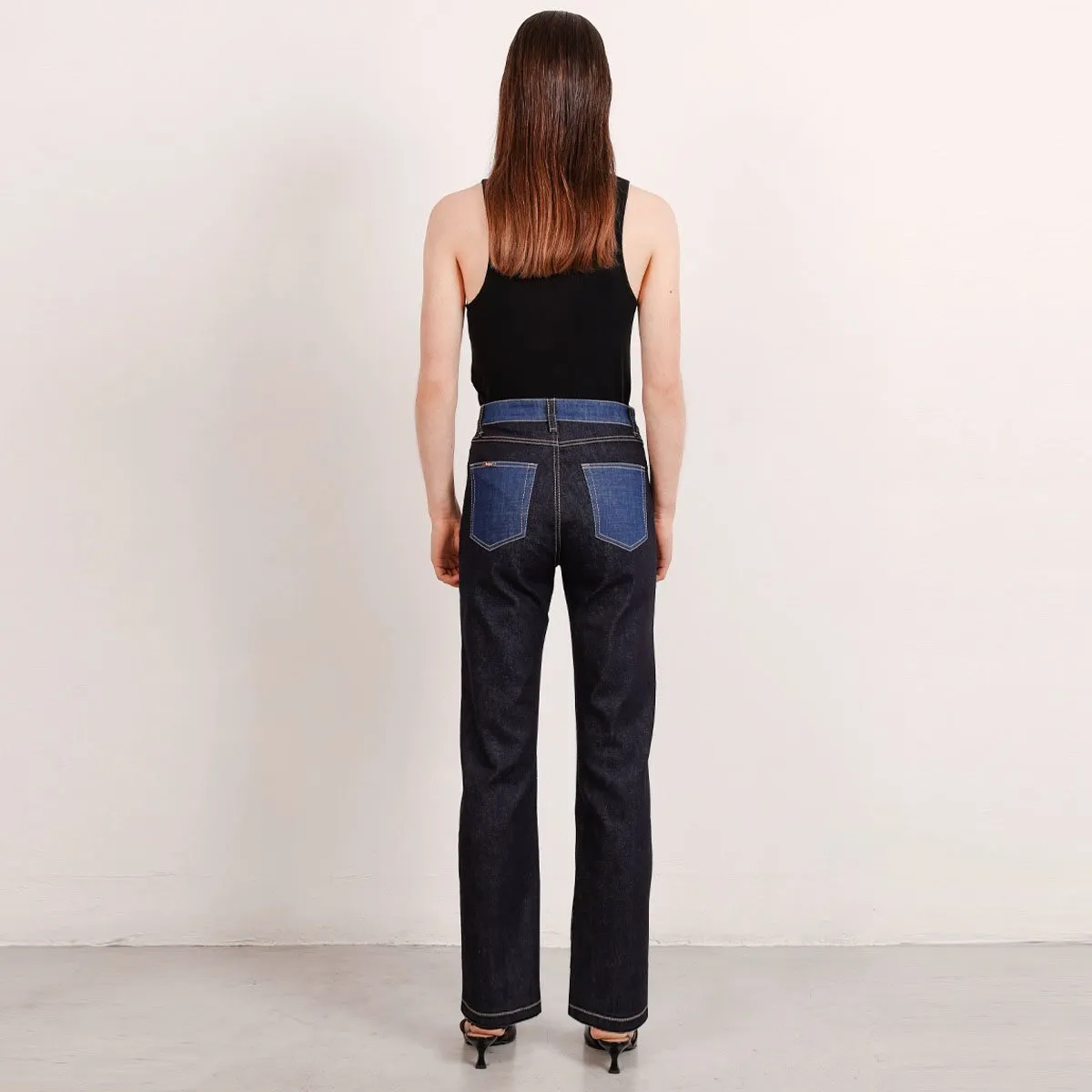 Color Block Long Jeans in 2 Tones of Blue