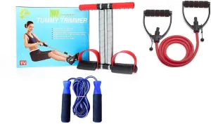 Combo Of Tummy Trimmer And Adjustable Single Toning Tube & Blue Skipping Rope For Fitness Chest Training Equipment