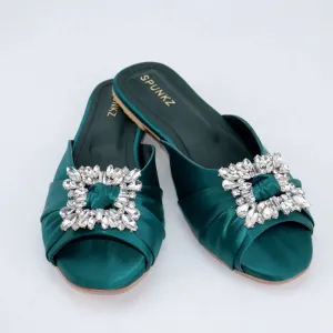 Crystal Embellished Buckle Round Toe Wedding Satin Flats