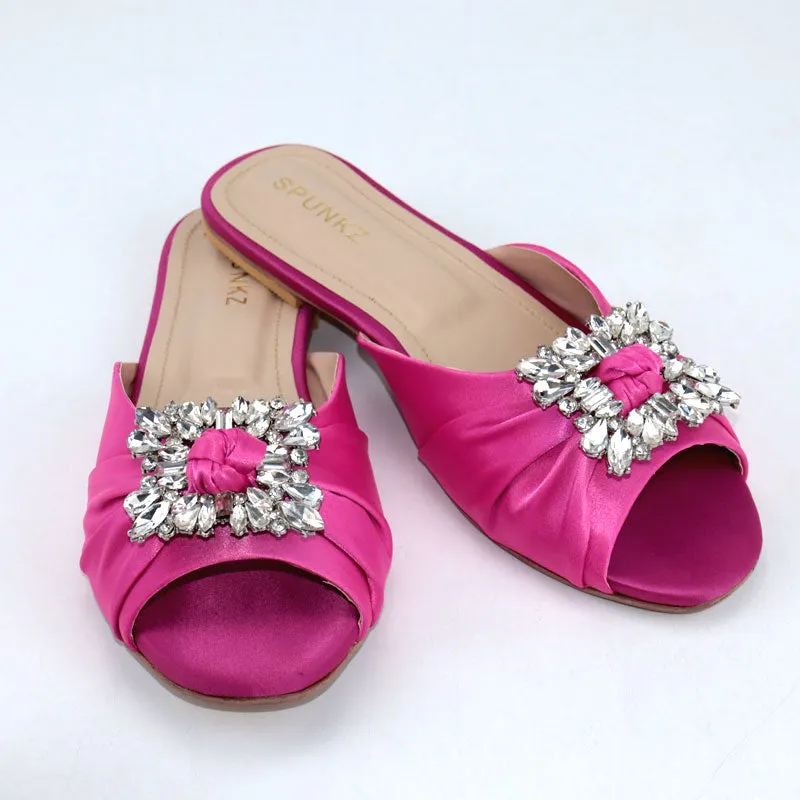 Crystal Embellished Buckle Round Toe Wedding Satin Flats