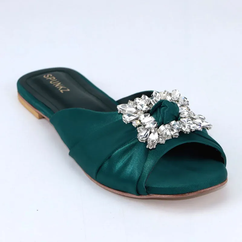 Crystal Embellished Buckle Round Toe Wedding Satin Flats