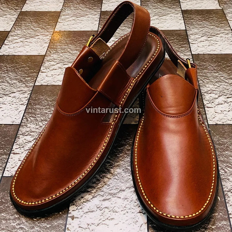 Dark Shiny Brown Leather Peshawari Men's Chappal