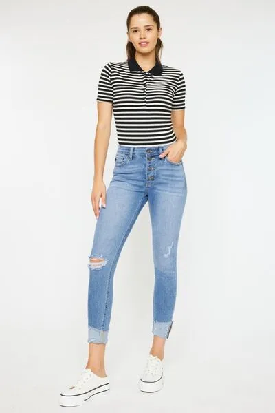 Distressed Cat's Whiskers Button Fly Jeans