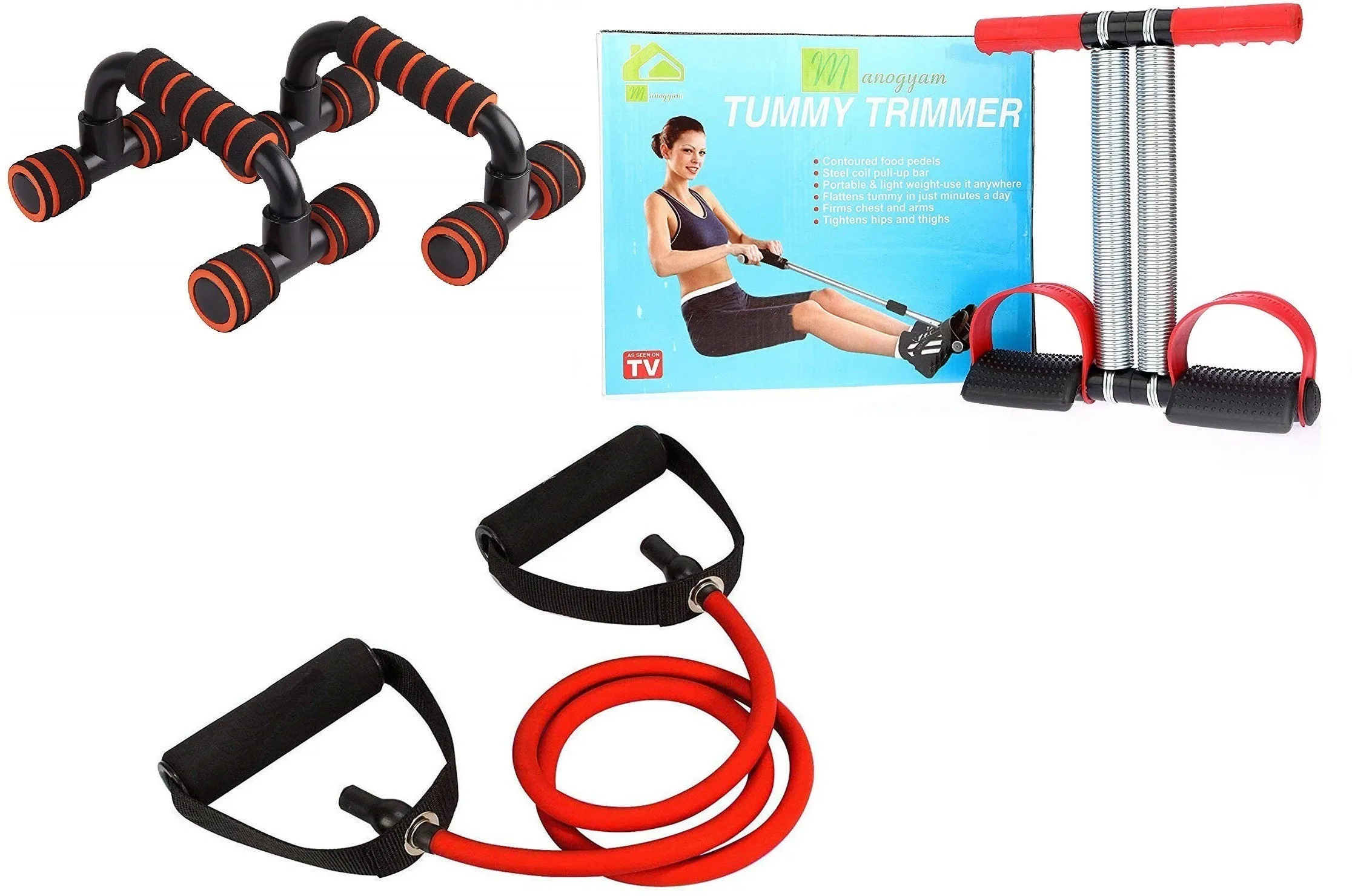 Double Spring Tummy Trimmer With Single Toning Tube Exerciser With Push Up Bar Combo