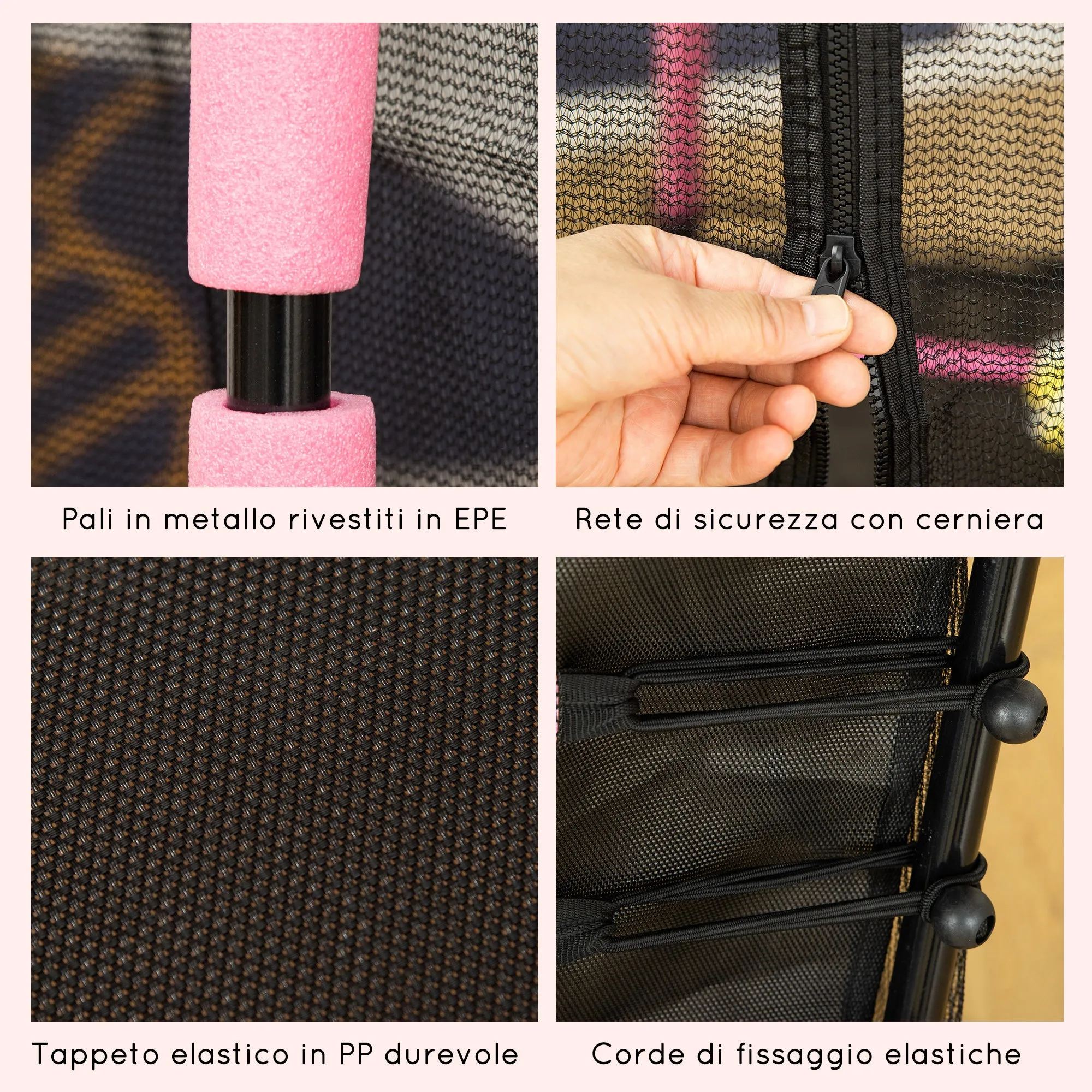 Easycomfort Tappeto Elastico per Bambini 3-10 Anni con Rete di Sicurezza e Corde Elastiche, Trampolino Elastico per Bambini da Giardino ?160x163.5Acm Rosa e Nero