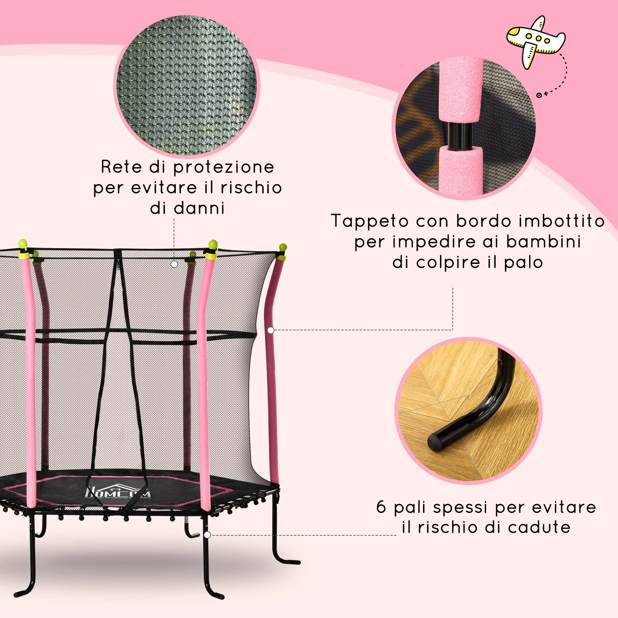 Easycomfort Tappeto Elastico per Bambini 3-10 Anni con Rete di Sicurezza e Corde Elastiche, Trampolino Elastico per Bambini da Giardino ?160x163.5Acm Rosa e Nero