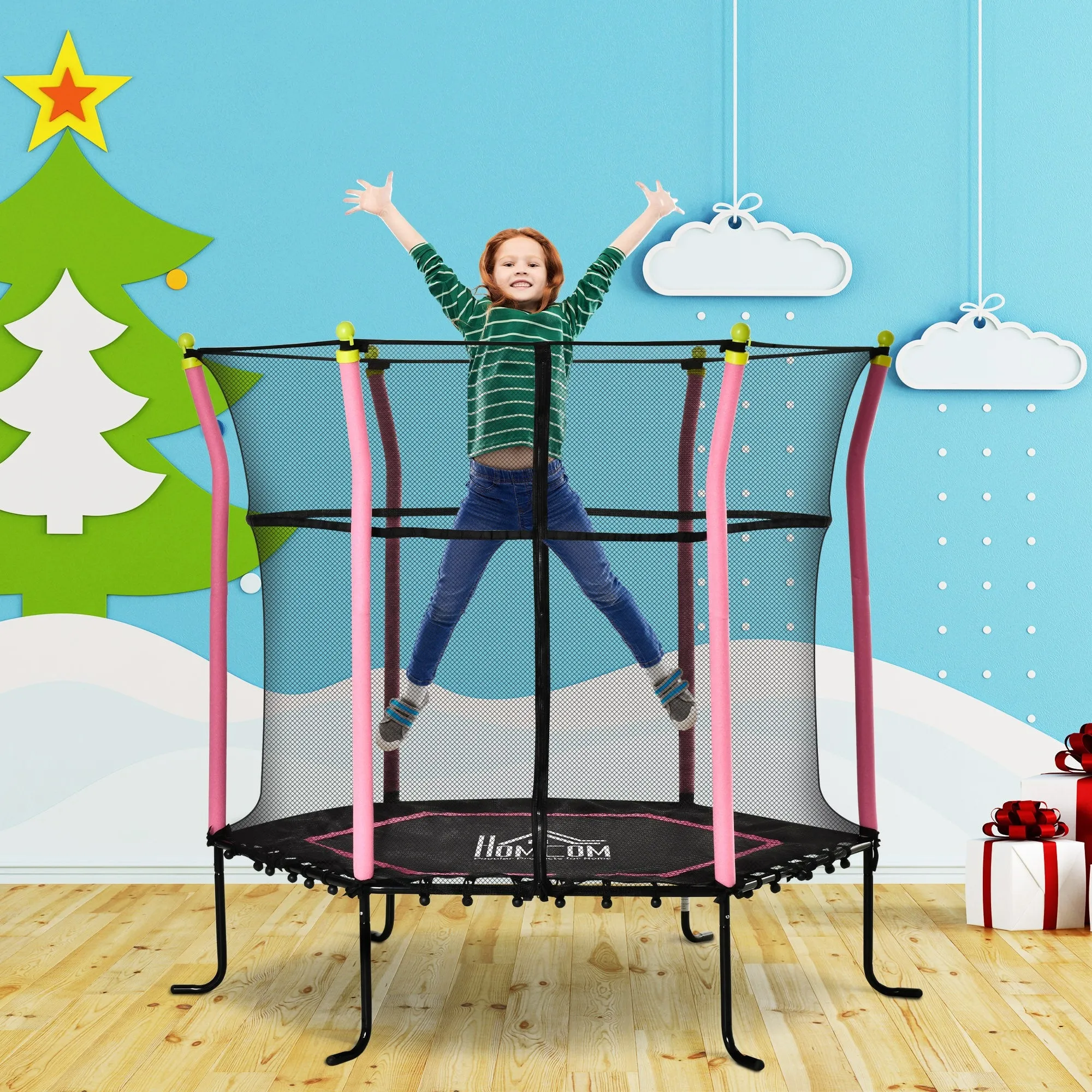 Easycomfort Tappeto Elastico per Bambini 3-10 Anni con Rete di Sicurezza e Corde Elastiche, Trampolino Elastico per Bambini da Giardino ?160x163.5Acm Rosa e Nero