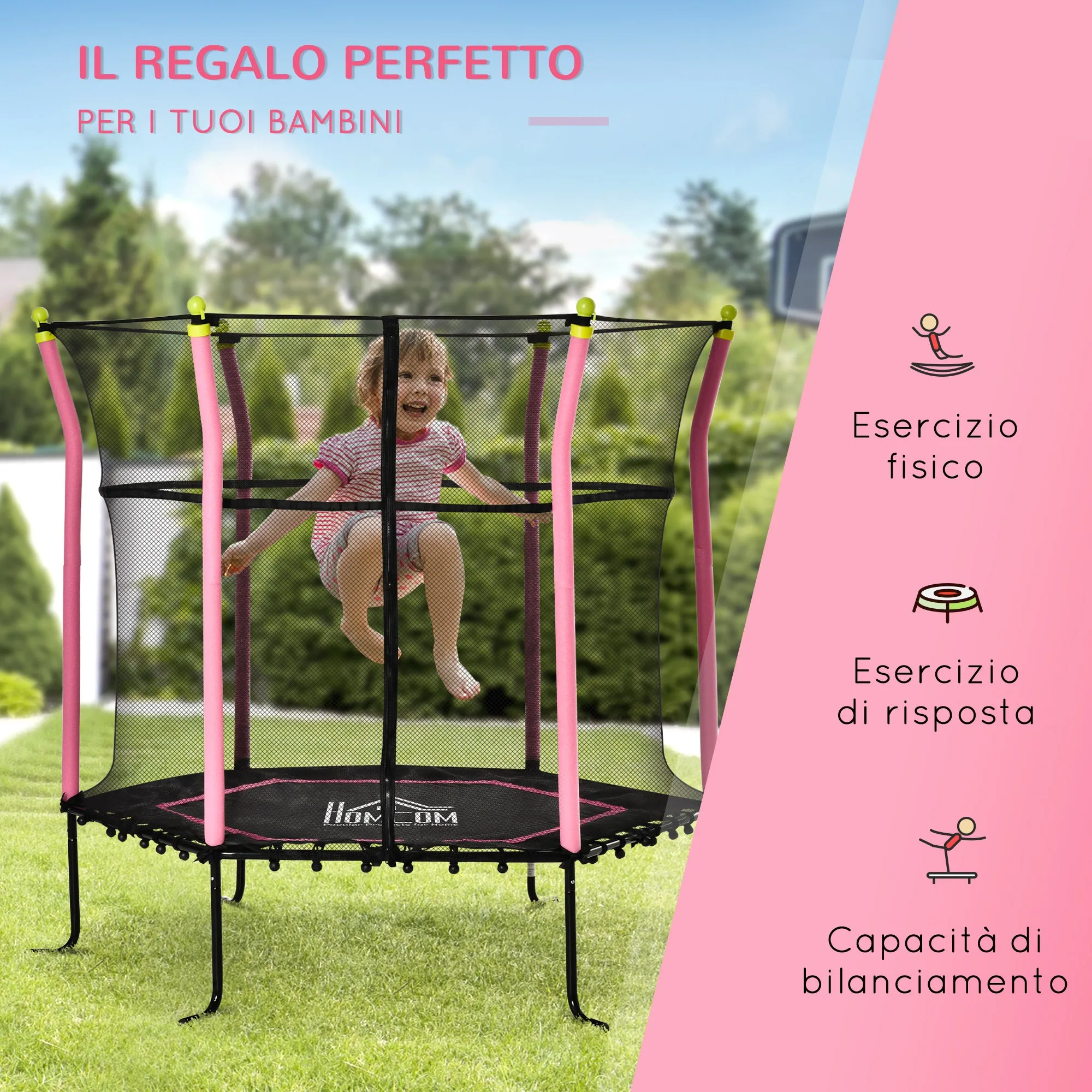 Easycomfort Tappeto Elastico per Bambini 3-10 Anni con Rete di Sicurezza e Corde Elastiche, Trampolino Elastico per Bambini da Giardino ?160x163.5Acm Rosa e Nero