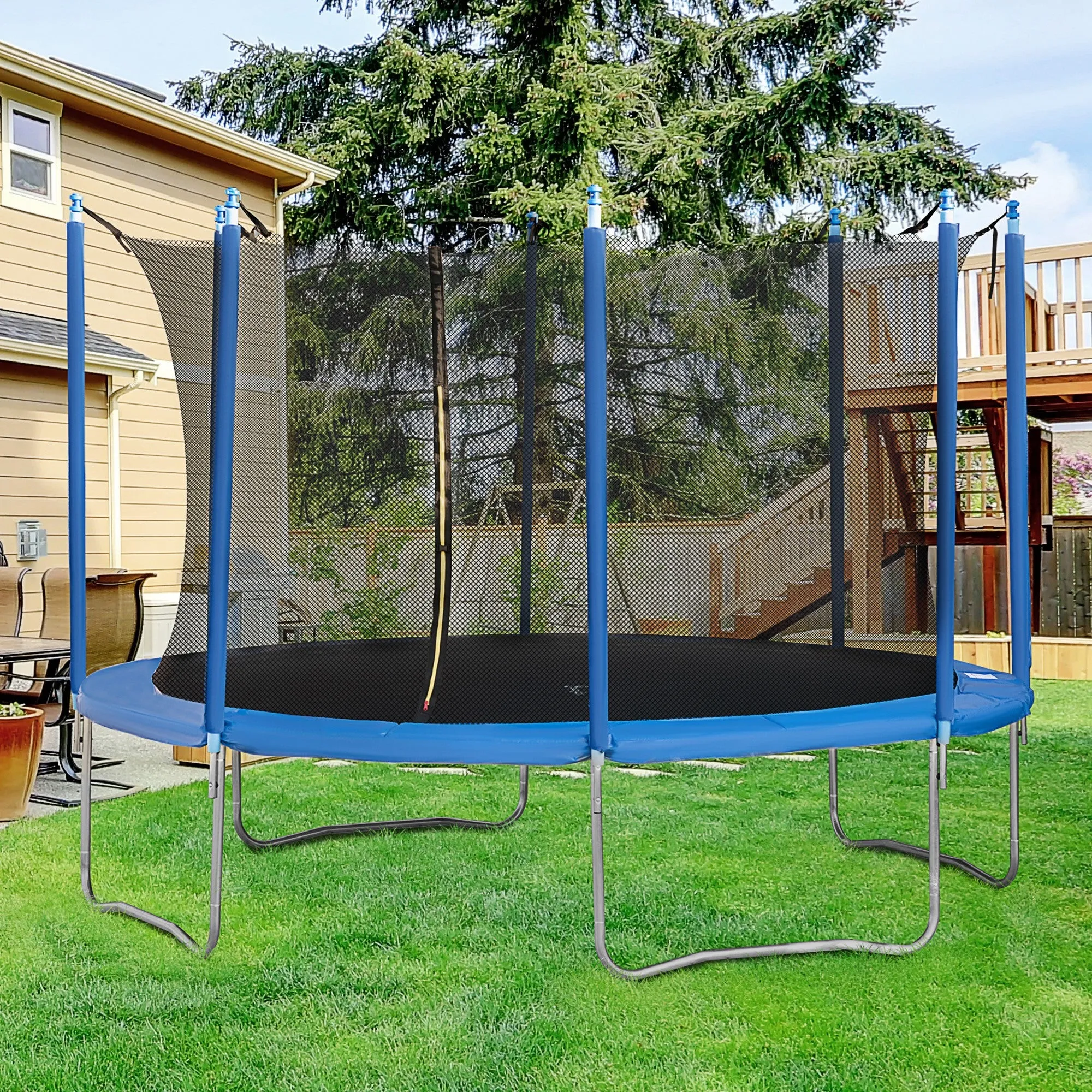 EasyComfort Tappeto Elastico per Bambini e Adulti con Rete e Bordo Imbottito, Trampolino da Giardino, Φ366x275cm, Blu e Nero