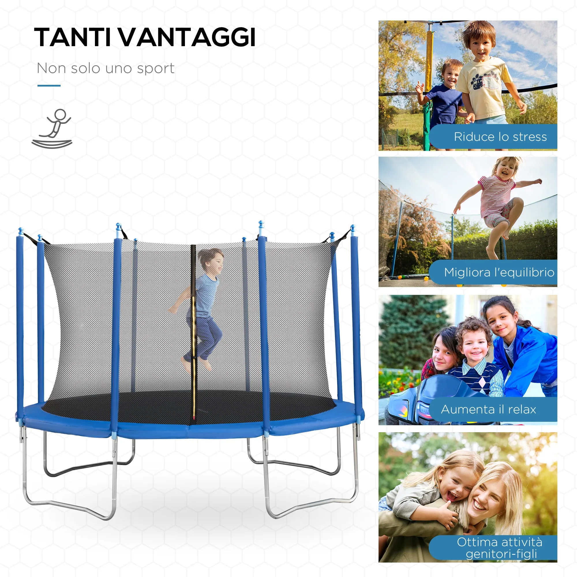 EasyComfort Tappeto Elastico per Bambini e Adulti con Rete e Bordo Imbottito, Trampolino da Giardino, Φ366x275cm, Blu e Nero