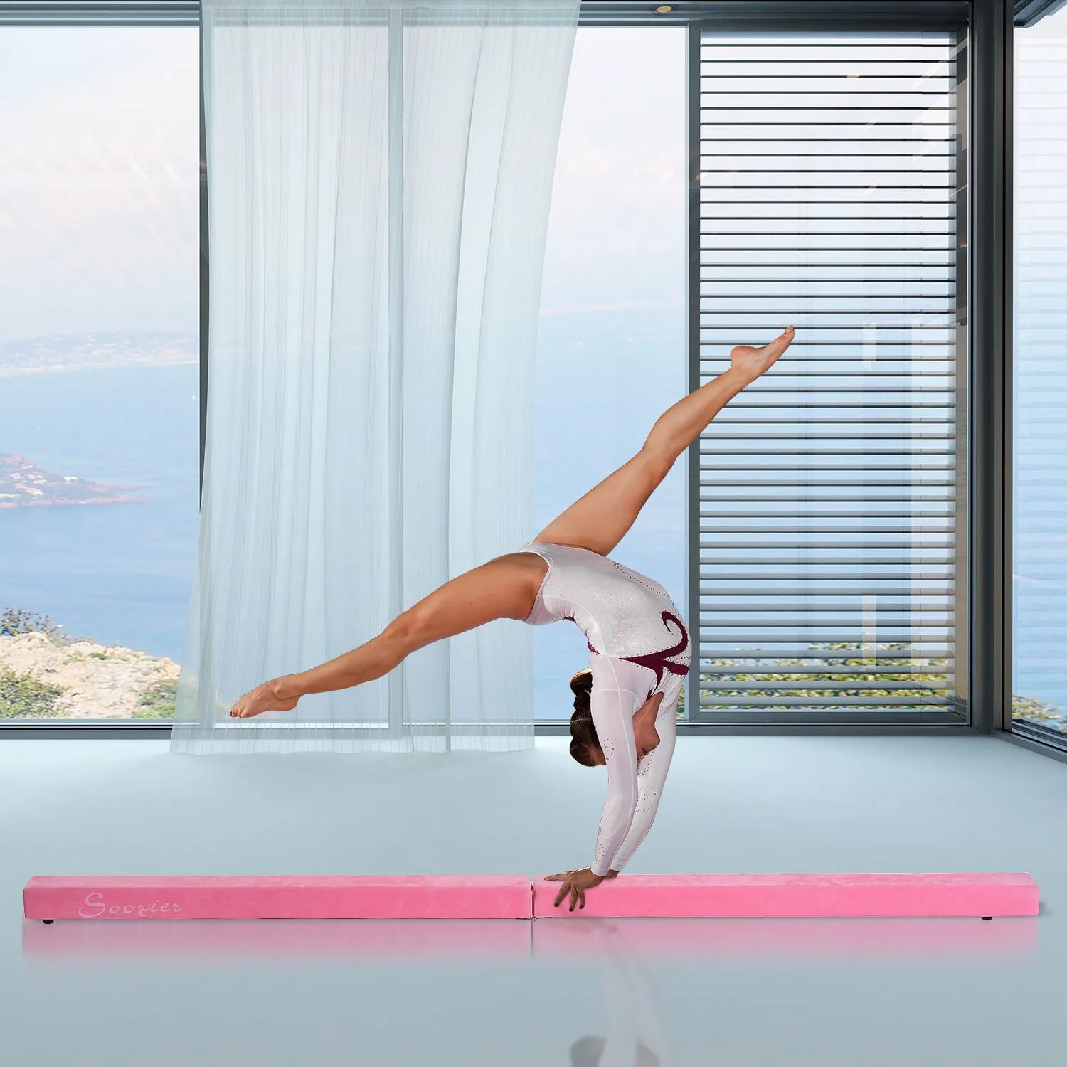 EASYCOMFORT Trave da Ginnastica per Allenamento Imbottita in Legno, Rosa, 240x10x6.5cm