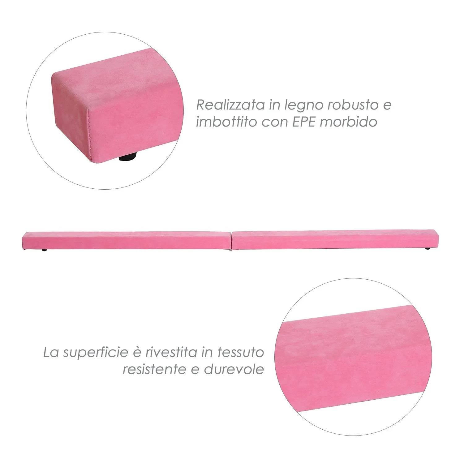 EASYCOMFORT Trave da Ginnastica per Allenamento Imbottita in Legno, Rosa, 240x10x6.5cm