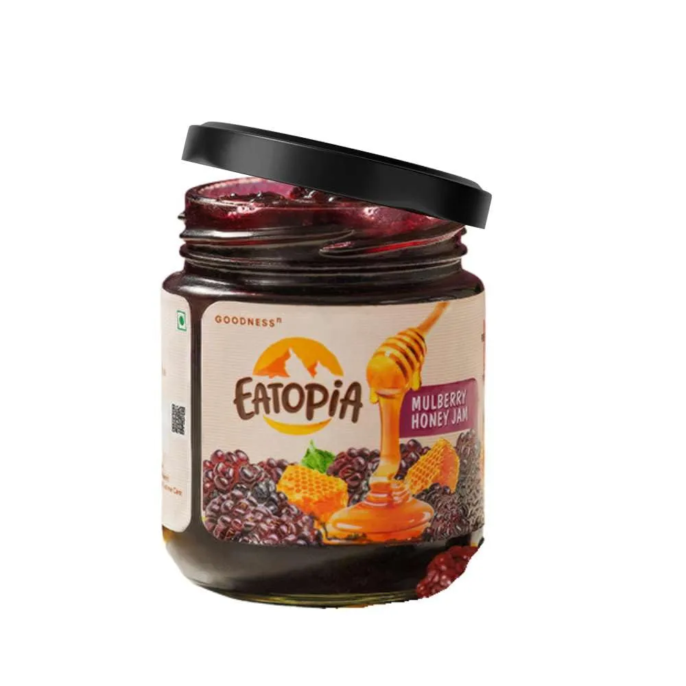 Eatopia Mulberry Sugar Free Honey Jam in Fresh with 70g of Real Fruit Pieces & 30% Wild Honey | 100% Pure & Natural with No Artificial Chemicals/Preservatives | Healthy Good for Gut Health (240g)