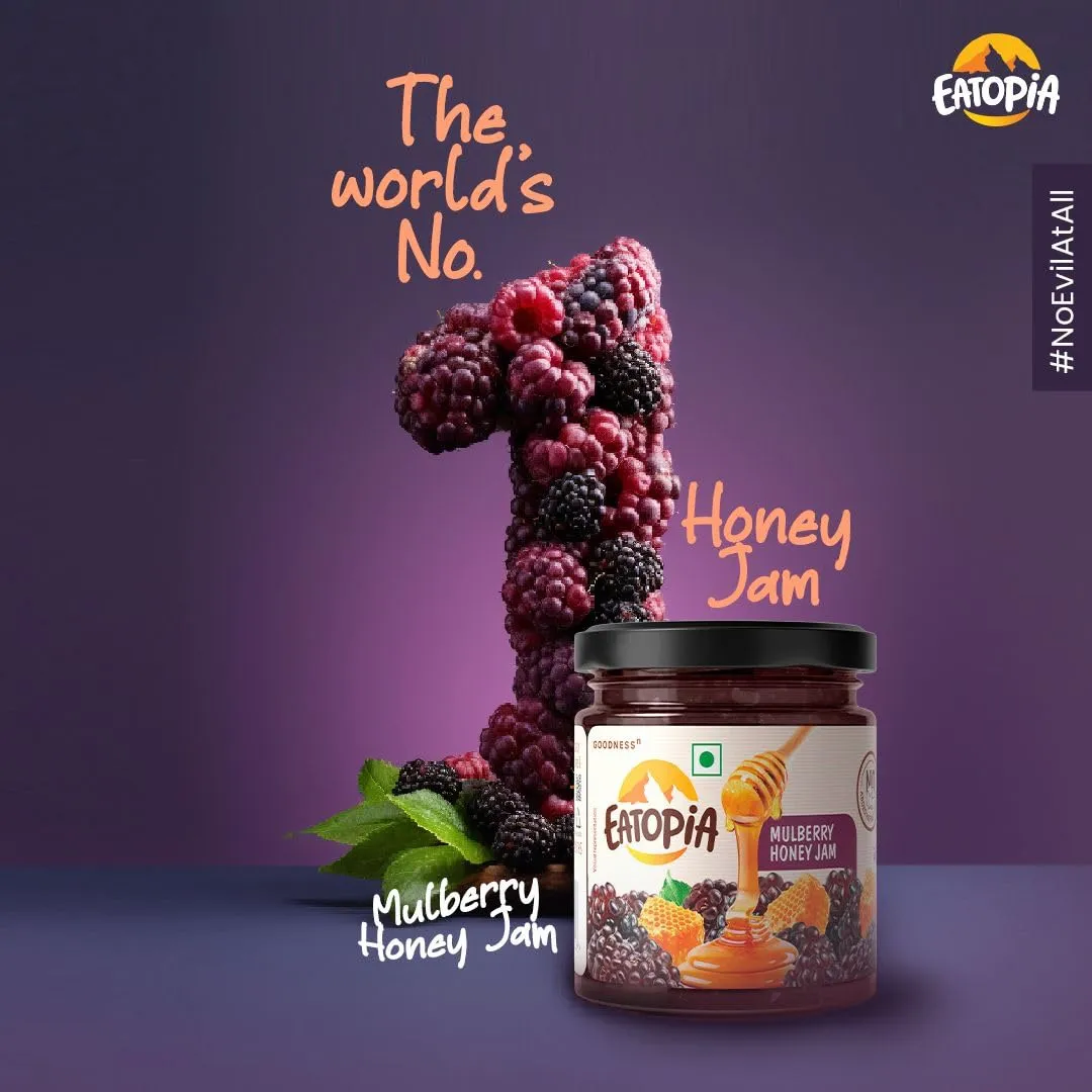 Eatopia Mulberry Sugar Free Honey Jam in Fresh with 70g of Real Fruit Pieces & 30% Wild Honey | 100% Pure & Natural with No Artificial Chemicals/Preservatives | Healthy Good for Gut Health (240g)