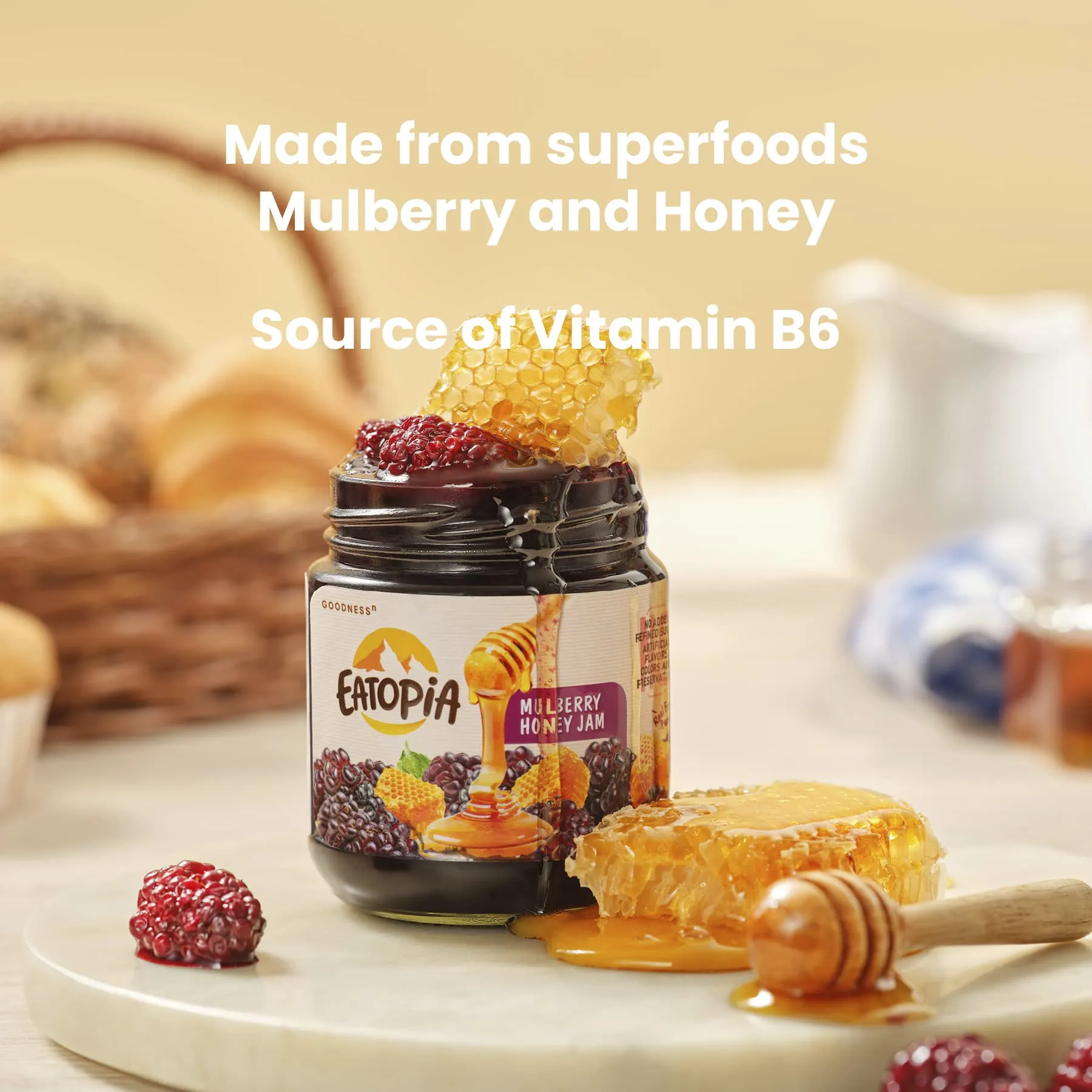 Eatopia Mulberry Sugar Free Honey Jam in Fresh with 70g of Real Fruit Pieces & 30% Wild Honey | 100% Pure & Natural with No Artificial Chemicals/Preservatives | Healthy Good for Gut Health (240g)