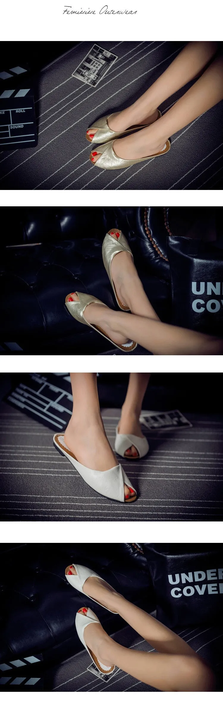 Fashionable Casual Women's Summer Peep-Toe Flat Leather Slippers