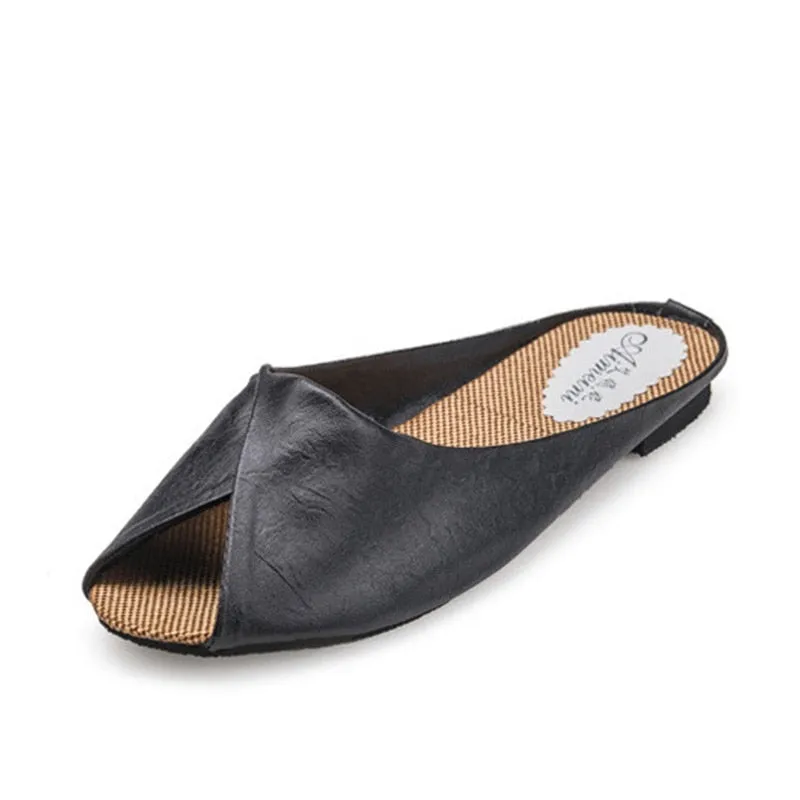 Fashionable Casual Women's Summer Peep-Toe Flat Leather Slippers